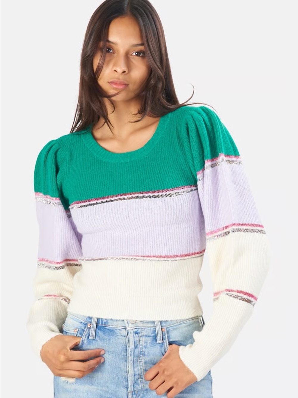 For love & lemons 🍋Colorblock Puff-Sleeve Knit Sweater - Green, Lavender & Cream